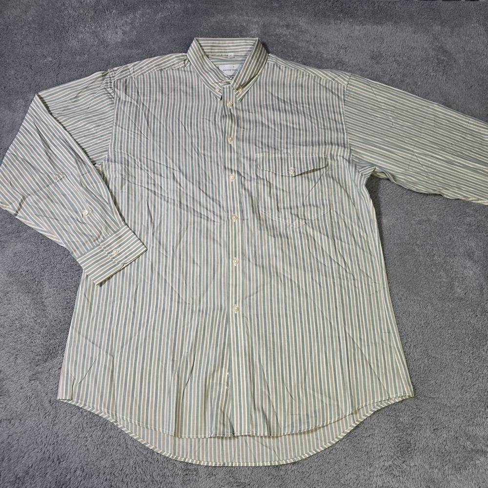 Andrew Fezza Mens 16 32/33 Button Down Shirt Green‎ Striped Cotton Long Sleeve